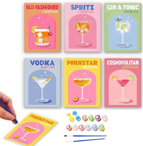 BAISHUWU kits de peinture sur toile cocktail colorée, 6 pièces Paint par Cocktail numéros, Peinture par numéros, ensemble de peinture à l'huile peinte à la main pour adultes et débutants