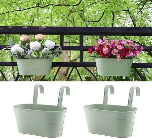 Konom 2 PCS Maceta de Metal Colgante con Soporte Extraíble Cubo Macetero Plantador Vintage con Gancho Doble Decoración Exterior Balcón Jardín Patio Pared Terraza para Flores y Plantas
