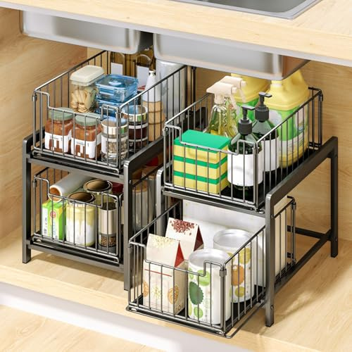 Organiseur de Cuisine, Étagère sous Évier, Rangement dans Placard, sous Lavabo, avec Tiroirs, pour Cuisine, Salle de Bain,26 x 37 x 38,5 cm (noir)