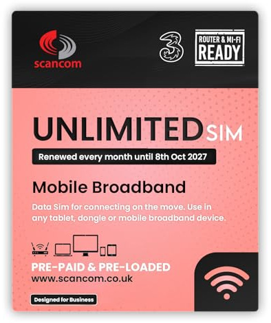 Three Unlimited Data SIM - Uncapped 5G - Preloaded MONTHLY Until October 2027 - Plug & Play for Routers & Phones - Access to Three & Vodafone - Connects to the Strongest Signal available