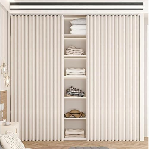 Sliding Closet Curtain with Magnetic, Dustproof Closet Curtain for Open Shelf with Rail,Waterproof Folding Cold Protection Kitchen Cabinet Shelf Shade Door Curtain,A1,Track W140/Curtain H240cm