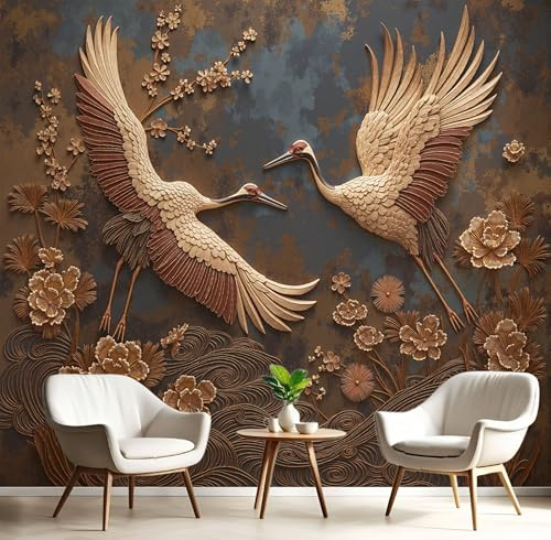 JEDTAKCT Rust Brown Photo Wallpaper Crane Flowers Waves 157X110 400X280Cm (W X H), Japanese Woodcarving Wall Art Wallpaper Mural Modern Design Living Room Bedroom Hallway Murals Wall Decoration