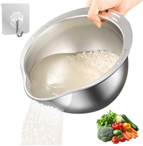 Reis-tvättskål, rostfritt stål rissil med utgjutare, droppsil Multifunktionell ris-tvättskål för att tvätta och dränera quinoa, frukt, grönsaker, spannmål, bönor (Silver)