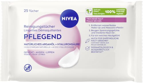 NIVEA Reinigungstücher Pflegend, sanfte Abschminktücher entfernen selbst wasserfestes Make-up und LSF, Pflegetücher mit natürlichem Arganöl und Hyaluronsäure, (25 Stück)