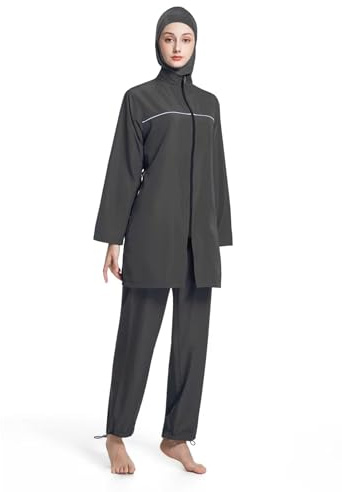 Xoeryoy Costume da Bagno Musulmano Burkini a 3 Pezzi per Donna, Copertura Totale, Maniche Lunghe, Pantaloni e Hijab, Cerniera Frontale, Costume da Bagno Modesto, L