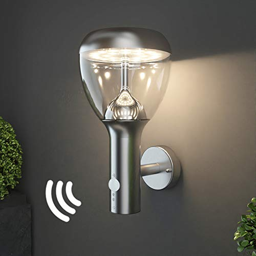 NBHANYUAN Lighting Outdoor Wall Light with PIR Motion Sensor, 4 Lighting Modes,SUS304 Stainless Steel,IP54 Waterproof,3000K Warm White,9W 1000LM,Silver Exterior Wall Lamp