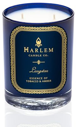 Harlem Candle Company Langston Luxuskerze, 325 ml, blaues Glas, doppelter Docht, Sojawachs, Geschenk-Box, Jasmin, Sandelholz, Muskatnuss, Nelken, Vanille, Leder und Bernstein