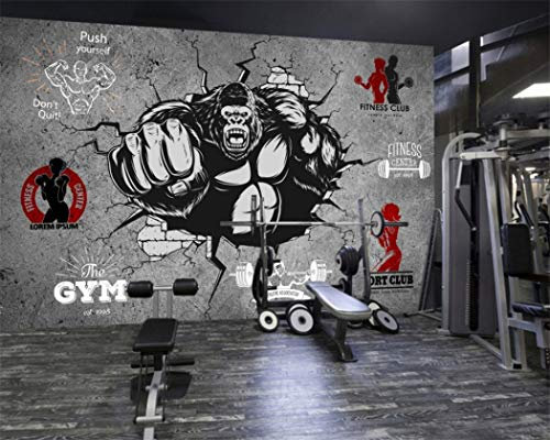 Tapete Hintergrund-Tapetenbenutzerdefinierte 3D Gym Cartoon Fototapete Kreative Fitness Bodybuilding Gorilla Breaking Wand Gym Hintergrund Wand, 300 * 210 Cm