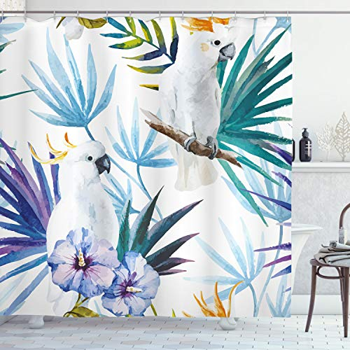 ABAKUHAUS Tropisch Duschvorhang, Aquarell Parrot Palm, Stoffliches Gewebe Badezimmerdekorationsset mit Haken, 175 x 240 cm, Meerblau Weiß