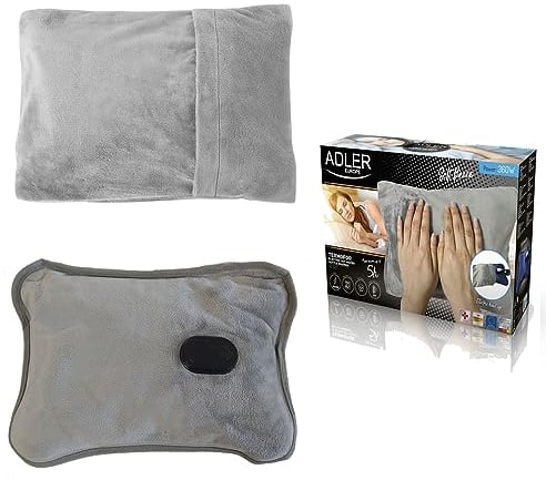 Adler AD 7427 - Bolsa de agua caliente eléctrica con funda suave (360 W, para adultos y niños, soporta temperaturas de hasta 5 horas, incluye cojín, botella de cama), color gris