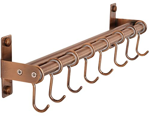 Dseap Pot Rack - Pots and Pans Hanging Rack Rail with 8 Hooks, Double Bars, Pot Hangers for Kitchen, Wall Mounted, Antique Copper