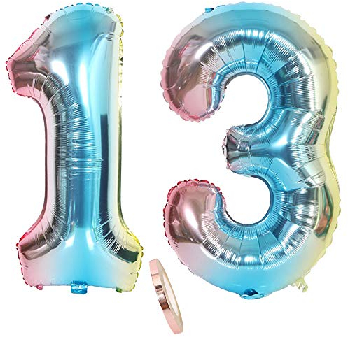 2 Luftballons Zahl 13, Nummer Luftballon Regenbogen Mädchen jungen,32 Riesen Aufblasbar Helium Folienballon Blau Bunt Schillernde Ballons Figuren für 13. Jahre Geburtstag Party Dekoration (xxxl 80cm)