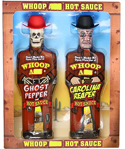 WHOOP Sauce piquante au poivre fantôme de qualité supérieure et Carolina Reaper – Emballé dans des bouteilles de figurines à collectionner – Parfait pour les ailes de poulet ou un cadeau.