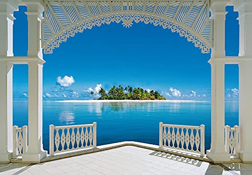 WTD - Carta da parati fotografica A Perfect Day, con finestra sul mare, 3,66 m x 2,54 m, blu, bianco, verde