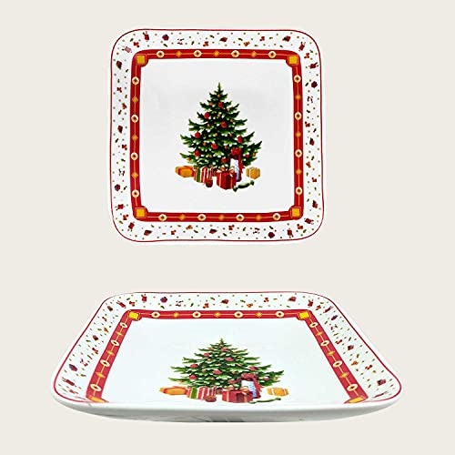 ARCA, Vassoio da Portata Natalizio, in Porcellana, per Lavastoviglie e Microonde, Resistente e Duraturo, Decoro con Albero di Natale, Idea Regalo, Decorazione Tavola di Natale, 18x18 cm