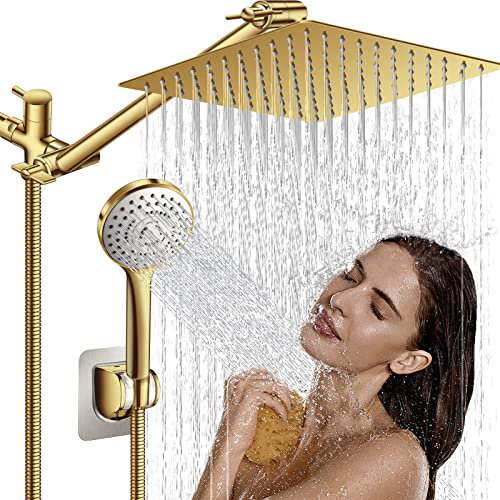 High Pressure Rainfall Shower Head/Handheld Shower Combo with 11 Adjustable Extension Arm, 5 Spray Settings Shower Heads with 60 Hose Anti-Leak (Gold), 10