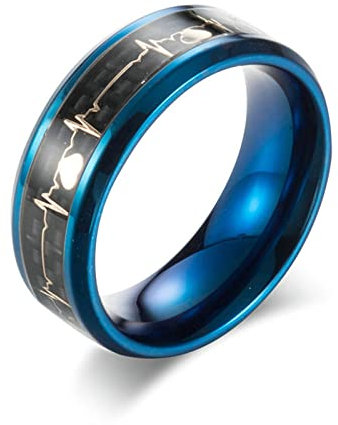 Bishilin Männer Ringe Edelstahl, Herren Ring Personalisiert Herzschlag mit Kohlenstoff 8MM Breit Freundschaftsring Blau Schwarz Ringe in Bijouterie Große 60 (19.1)