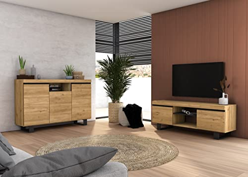 Skraut Home | Set Naturale Salle à Manger | Meuble auxiliaire | Buffet-Meuble TV 140cm | Finition Couleur chêne Nordique Noir