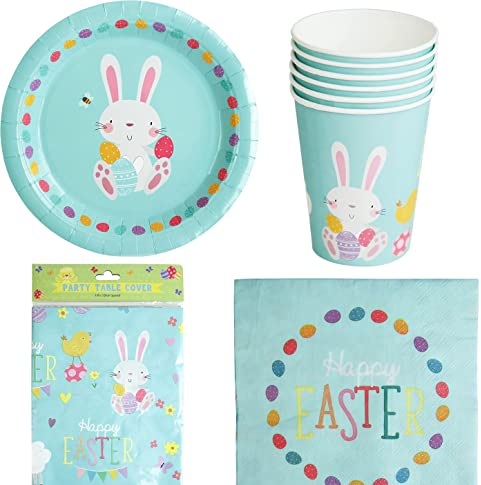 25 Piece Happy Easter Tableware Set -12 Napkins-6 Cups-1 Table Cover-6 Plates Tableware - Paper Partyware Perfect for The Easter Celebrations and Parties