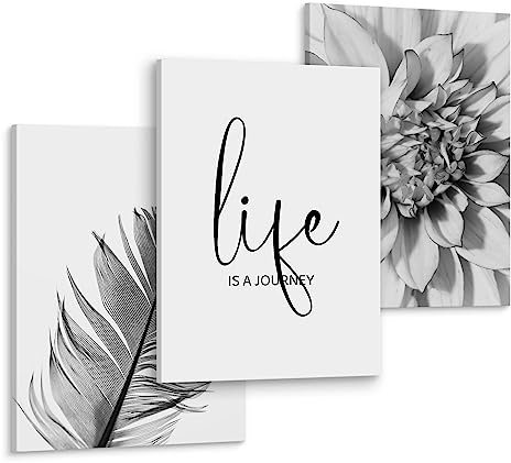 Muralo - Wandbilder Set - Leinwand Bilder Set Aufhängefertig - Bilder für Wohnzimmer Schlafzimmer - Moderne Wanddeko - Bilder in Grau Life Blumenmotiv - 3 Bilder 30 x 40 cm