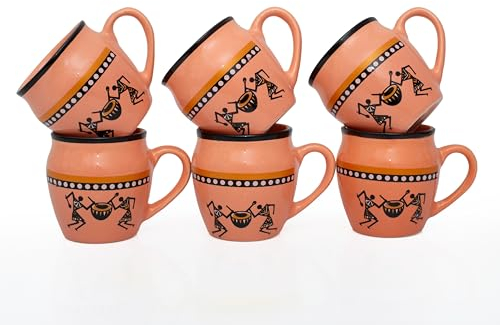 Lot de 6 tasses traditionnelles faites à la main Kulhar Kulhad Chai Thé Café Cantaritos en faïence émaillée Finition brillante Argile Terre cuite Artisanat Studio Poterie Mud Marron Qualité