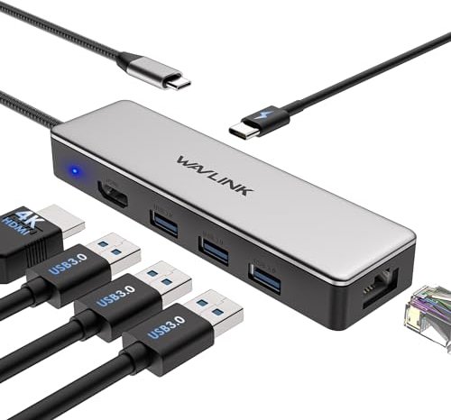 WAVLINK USB C Hub, 6-in-1 USB C Adapter, with 4K@30Hz HDMI, 3 USB 3.0, Gigabit Ethernet, 100W Power Delivery for Windows and Mac