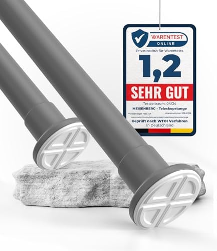 MEISENBERG Teleskopstange Gardine 90-160cm, Ø25mm - Spannstange ohne Bohren | Werkzeuglose Montage, Rostfrei & Rutschfest - Klemmstange für Fenster, Tür, Bad, Dusche, Schrank, Balkon, Trennwand, Grau