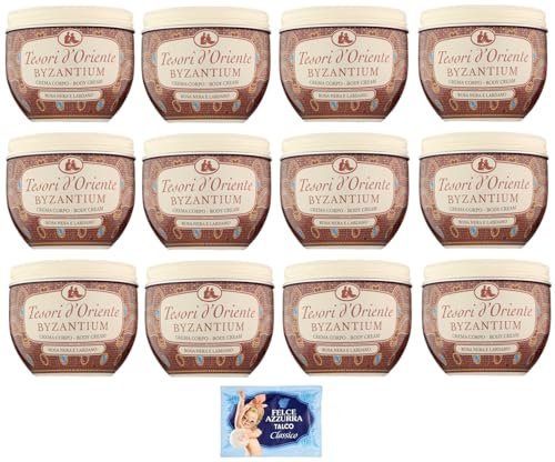 Tesori d'Oriente Crema Corpo Byzantium, 12 Stück Körpercreme, schwarze Rose und Ladanum, 300 ml + 1 Packung gratis Felce Azzurra Talk im Beutel, 100 g
