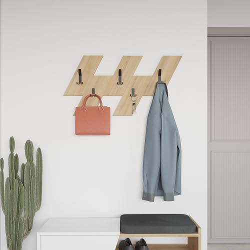 HOCUS PICUS Moderne Wandgarderobe, Holzwerkstoff, geometrische Form mit 5 schwarzen Metallhaken, 75,2 (B) x 1,8 (T) x 45,3 (H) cm (Eiche)