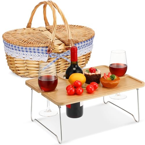 FoldTier Picknickkorb mit faltbarem Weintisch-Set, handgefertigter Weidenkorb mit Deckelgriff, tragbarer Bambus-Tablett, Tisch für 2 Outdoor-Camping, Picknick, Wein-Set, Geschenk für Paare (Blau und