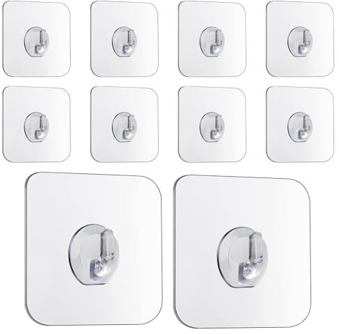lafomukea 10 Pcs Adhesive Hooks, Transparent Stick on Hooks, Heavy Duty Sticky Hooks, Removable Without Nails, Invisible Sticky Hooks for Bathroom Kitchen Door Wall