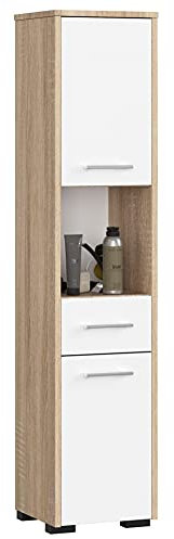 3E 3xE living.com Freistehender Badezimmerschrank: eine Schublade, Zwei Türen, fünf Einlegeböden, Farbe: Sonoma-Eiche | weiß, A: B: 30 cm, H: 140 cm, T: 30 cm.
