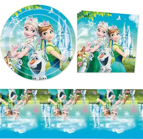 DLMSYBF Elsa - Set di 37 stoviglie per feste di compleanno, motivo: regina di ghiaccio, con piatto Frozen e tovaglia, decorazione per feste di compleanno, decorazione per ragazze