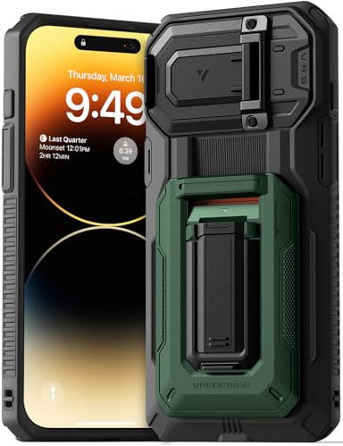 VRS DESIGN Origin Schutzhülle für iPhone 14 Pro Max (2022), iPhone 13 Pro Max (2021), Brieftaschenkartenhalter, [3 Karten], robuste, halbautomatische Schutzhülle mit 3 Kartenfächern und Ständer