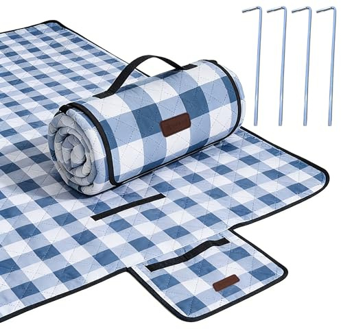 HX&OD Picknick-Outdoor-Decke, extra groß, 203,2 x 203,2 cm, wasserdicht, faltbar, Gingham-Picknickmatte für Strand, Camping, Gras, Rasen, Park, Zubehör, niedliche Paarideen, Hochzeit (Blau, 203,2 x