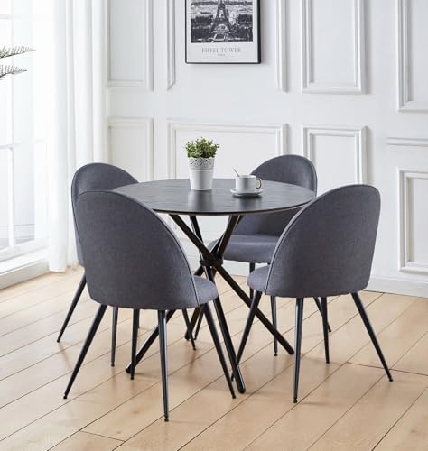 Hallowood Furniture Cullompton Black Round Dining Table and Chairs Set 4 | Black Wood-Effect Table and Grey Upholstered Chairs with Curved-Back, Easy Assembly Dining Set for 4 Perfect for Home or Café