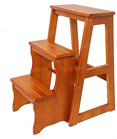 SIAMZYWV Folding Ladder Chair 3 Step Heavy Duty Stepladders Shelf Kitchen Wooden Climb Step Ladder for Childen and Adult, Home Garden Tool Step Stool - 150Kg Capacity/K Walnut Color (K Waln