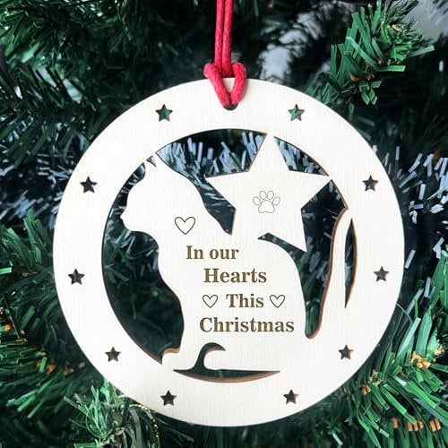 Red Ocean Cat Memorial Christmas Tree Wooden Bauble, Cat Memorial Bauble Hanging Decoration, Pet Memorial Plaques, Hanging Memorial Decorations, In Loving Memory Plaques
