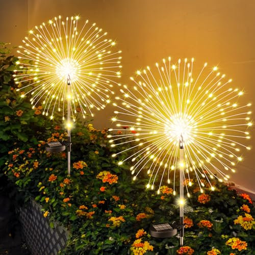 Upgrade Solarleuchten für Außen Garten, 2 Stück 122LED Solar Gartenleuchten, Höhen Optional 82/102cm | Dynamische Feuerwerk Effekte | IP65 Wasserdicht Solarlampen für Außen Garten Wege Rasen Deko