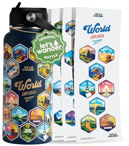 LET'S WANDER World Explorer Adventure Water Bottle with 50 Waterproof Stickers - 32oz Leakproof Insulated Stainless Steel with Straw - Travel Goal Gift Bottle (Blue)