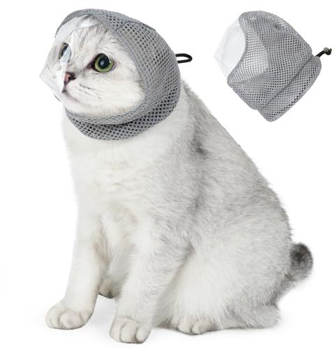 MeiAOBest Maulkorb für Katzen, atmungsaktiver Netzstoff, mit transparenter Maske, Katzen-Mundschutz zur Fellpflege, verhindert Beißen und Kauen