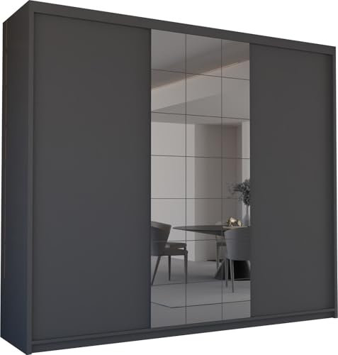 SLIDING WARDROBE 4U Cevin Closet with Sliding Mirror Door, Large Bedroom Armoire Wardrobe Clothing Storage Cabinet with 3 Drawers, Shelves and Hanging Rods (Grey, 250cm)