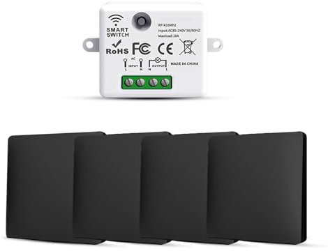 HYHIOTS Interupteur Sans Fil, 3 Interrupteur d'éclairage Sans Pile Fil va et Vient Avec émetteur et Contrôleur Récepteur RF433 10A 240V (Kit 4 Voies)
