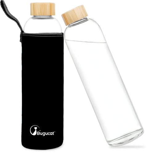 Bugucat Trinkflasche Glas 1L,wasserflasche glas mit Schutzhülle, Glasflasche Wasserflasche aus Borosilikatglas,Karaffe für Smoothies Säfte Wasser und Getränke,Dishwasher Safe,Schwarz