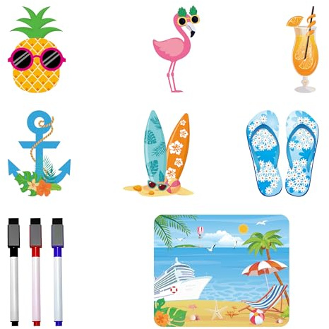 Cruise Door Magnets Stickers Decorations - 7 Pcs Funny Ship Door Magnetic Cruise Essentials Waterproof Hawaii Flamingo Pineapple 3 Pcs Pens For Beach Cabin Carnival Holiday Party Refrigerator Decor
