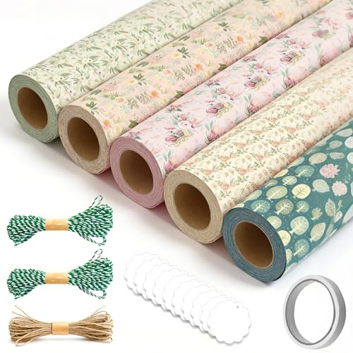 Geschenkpapier Set, 10 Bögen Geburtstagsgeschenkpapier 50 x 70 cm | mit Hanfseil Doppelseitiges Klebeband und Kraftpapieranhänger, Geschenk Papier Vintage Blumen für Hochzeit Brautparty