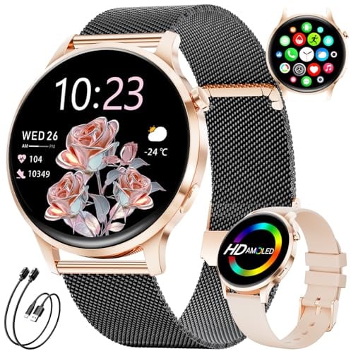 LIGE Smartwatch Damen, 1,32 AMOLED Ultra-dünn, 2 Armbänder & 2 Ladekabel inklusive, IP68 wasserdicht, 116 Sportmodi, Zyklus-Tracking, Herzfrequenz & Schlafmonitor für iOS & Android