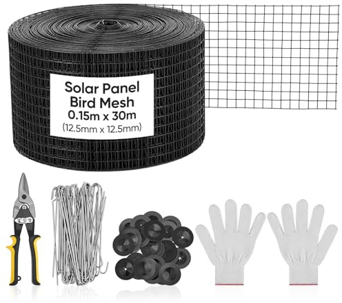 Solar Panel Bird Mesh Kit, 15cm x 30m PVC Coated Wire Guard with 70 Clips | Solar panel bird proofing kit with 70 J-hooks, cutter & gloves; 1/2 rustproof wire grid for pigeon netting on roof & balcony