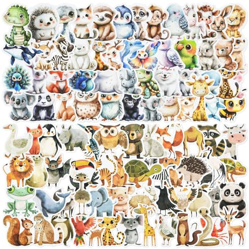 100 Stück Sticker Tiere Aufkleber Kinder Waldtiere Tiersticker Set, Wasserfeste Vinyl Aufkleber Self-Adhesive für Laptop Scrapbook Wasserflasche Becher Fahrrad Koffer Fotoalben DIY