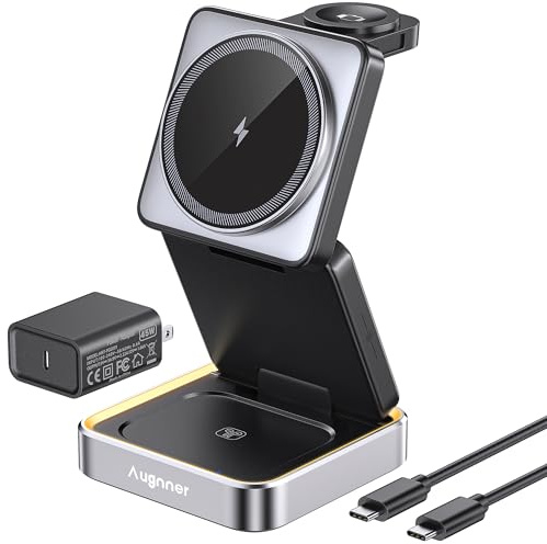 Station de Charge 25W, Pliable Chargeur à Induction 3 en 1, Chargeur sans Fil Compatible avec Magsafe et veilleuse pour iPhone 17/16/15/14/13/12 Série, AirPods, Apple Watch avec Chargeur 45W